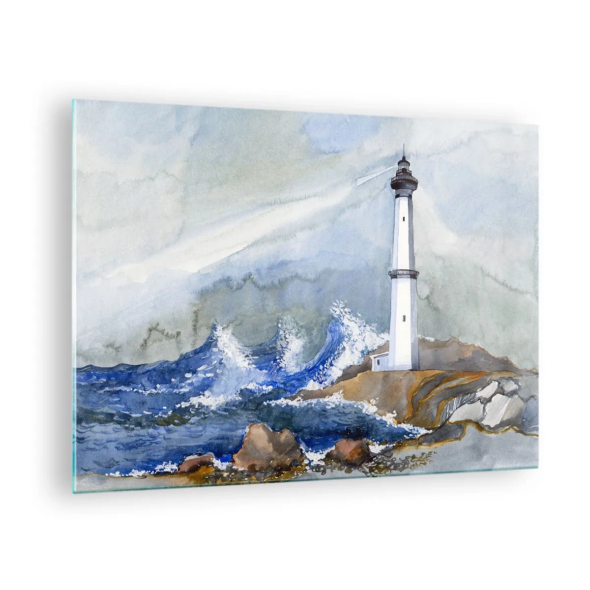 Impression sur verre - Image sur verre - Un phare au bord d'une mer agitée dans un style aquarelle - 70x50cm - Contre l'obscurité et la tempête - Décoration murale moderne pour le salon et la chambre ARTTOR
