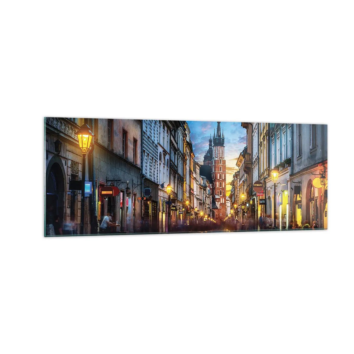 Impression sur verre - Image sur verre - Rue du soir avec vue sur la cathédrale de Cracovie - 140x50cm - La magie de Cracovie - Décoration murale moderne pour le salon et la chambre ARTTOR