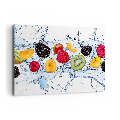 Impression sur toile - Image sur toile - Fruits colorés immergés dans des éclaboussures d'eau sur un fond blanc - 100x70cm - Amusez-vous avec nous - Décoration murale moderne pour le salon et la chambre ARTTOR