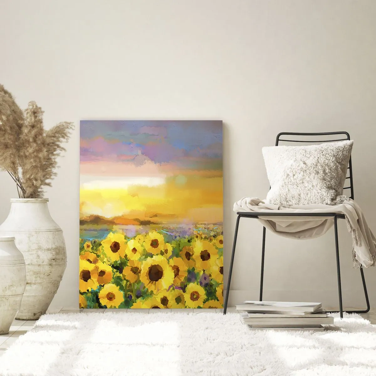 Impression sur verre - Image sur verre - Un champ de tournesols à la lumière du soleil couchant - 50x70cm - Le soleil lui-même est descendu sur terre - Décoration murale moderne pour le salon et la chambre ARTTOR