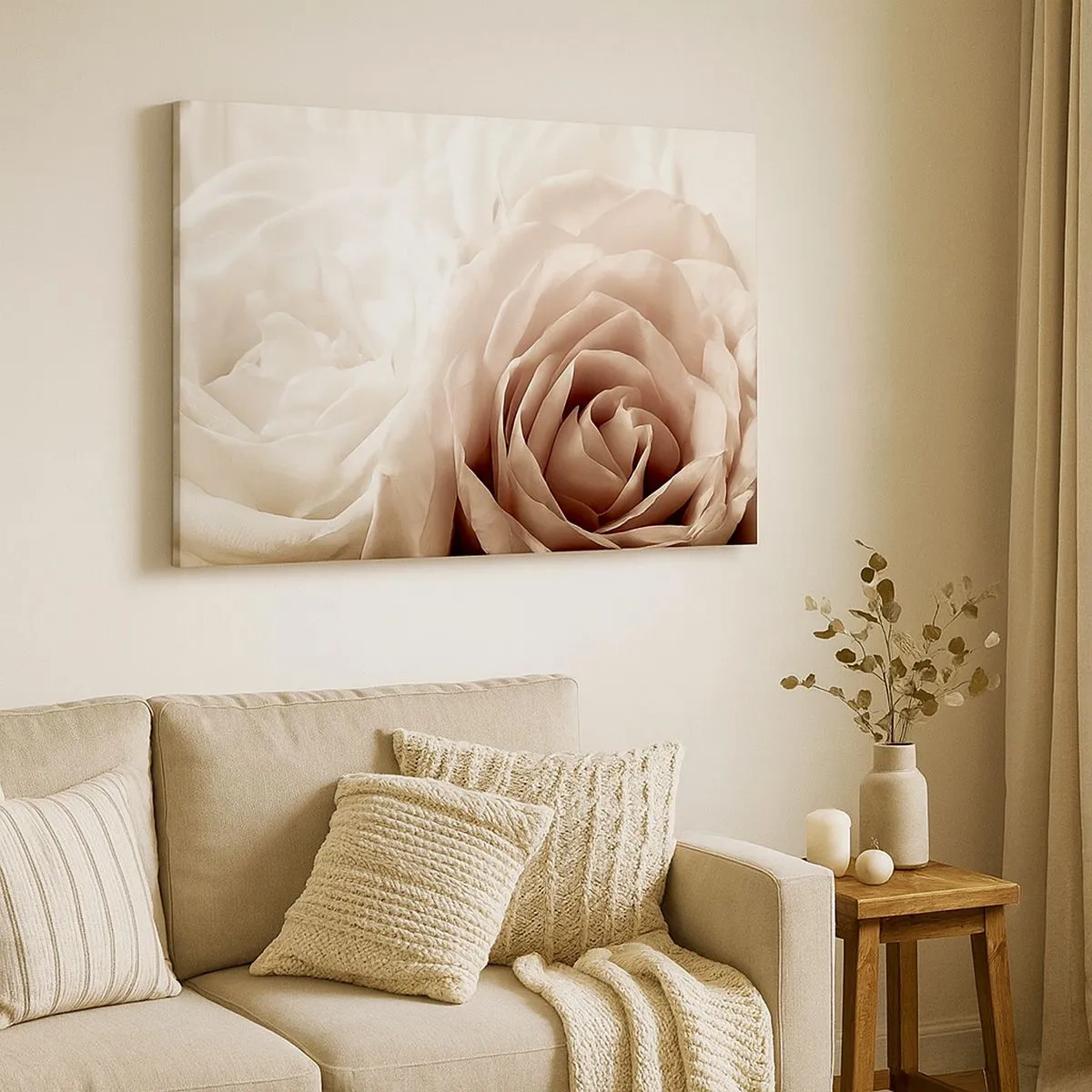 Impression sur toile - Image sur toile - Roses délicates dans des tons pastel de beige - 70x50cm - Au coeur d'ue la rose - Décoration murale moderne pour le salon et la chambre ARTTOR
