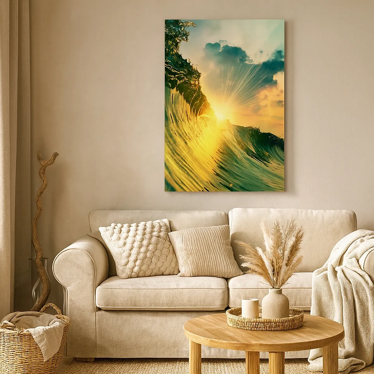 Impression sur toile - Image sur toile - Une vague avec le soleil couchant et les nuages illuminés - 50x70cm - Surfeur, où es-tu ? - Décoration murale moderne pour le salon et la chambre ARTTOR