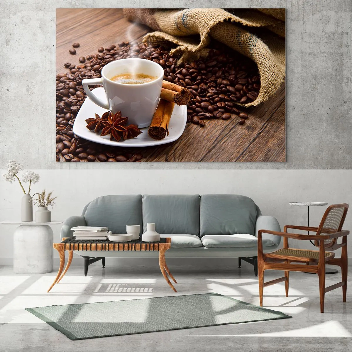 Impression sur verre - Image sur verre - Une tasse de café avec de la cannelle et des grains de café sur une table en bois - 70x50cm - Saveur et arôme épicés - Décoration murale moderne pour le salon et la chambre ARTTOR