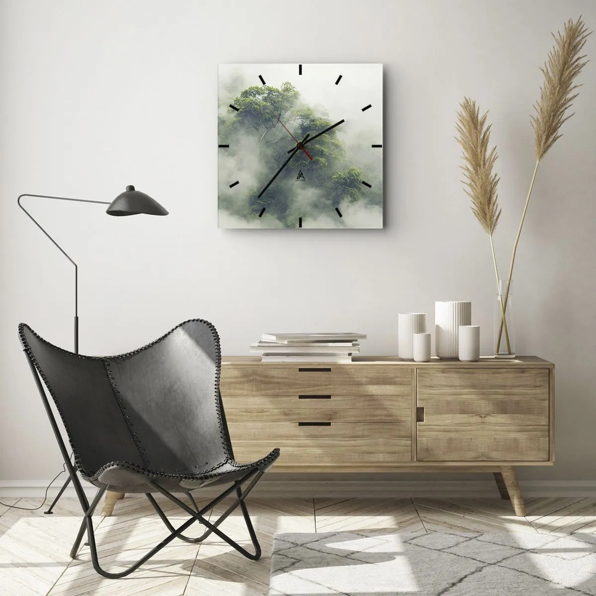 Horloge murale - Pendule murale - Arbres verts dans un épais brouillard sur fond naturel - 30x30cm - Enveloppé de brouillard - Décoration murale moderne pour le salon et la chambre ARTTOR