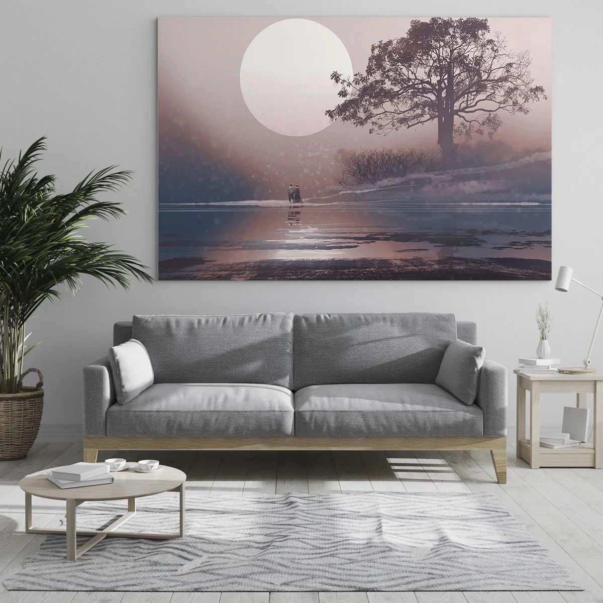 Impression sur verre - Image sur verre - Un paysage magique avec un arbre, une lune et des personnages - 120x80cm - Merveilles de la nuit - Décoration murale moderne pour le salon et la chambre ARTTOR