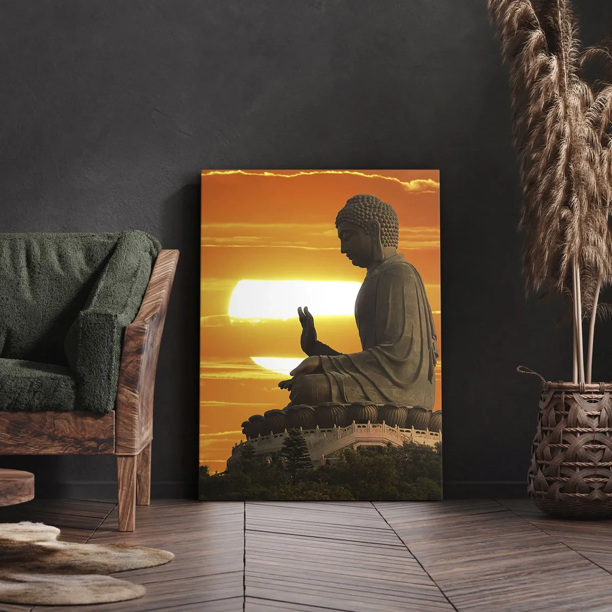 Impression sur toile - Image sur toile - Une statue bouddhiste sur fond de coucher de soleil orange - 50x70cm - Aucune peur du monde - Décoration murale moderne pour le salon et la chambre ARTTOR