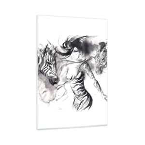 Impression sur verre - Image sur verre - Une femme dans une danse dynamique avec des zèbres dans une esthétique noir et blanc - 80x120cm - Danse avec les zèbres - Décoration murale moderne pour le salon et la chambre ARTTOR
