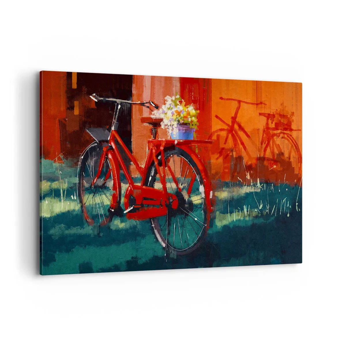Impression sur toile - Image sur toile - Un vélo rouge avec des fleurs contre un mur orange - 120x80cm - I want to ride my bicycle - Décoration murale moderne pour le salon et la chambre ARTTOR