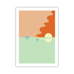 Affiche - Poster - Un coucher de soleil minimaliste avec un voilier en arrière-plan - 50x70cm - Paysage idéal de la mer - Décoration murale moderne pour le salon et la chambre ARTTOR