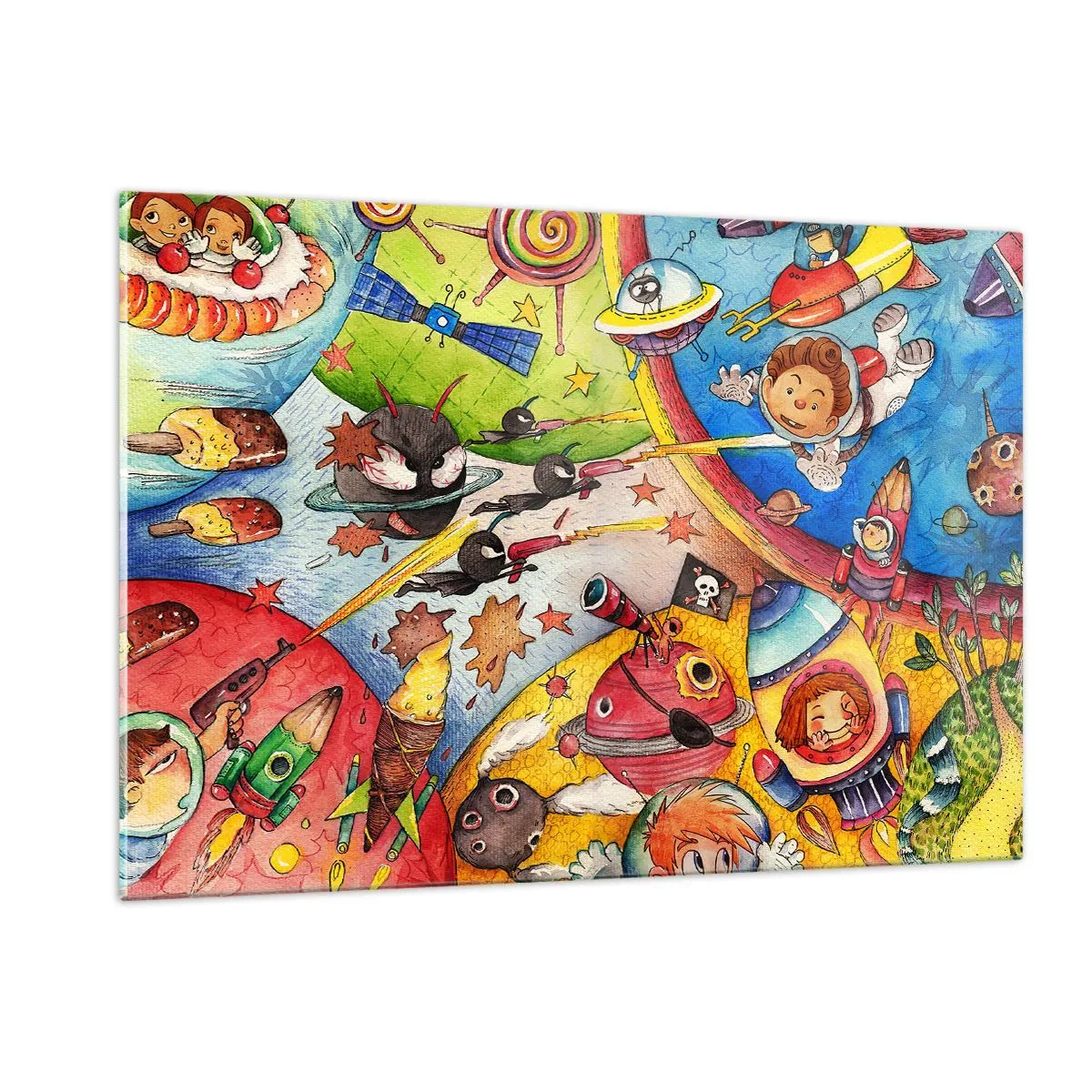 Impression sur verre - Image sur verre - Une illustration colorée d'une aventure spatiale pour les enfants - 120x80cm - Grande aventure spatiale - Décoration murale moderne pour le salon et la chambre ARTTOR