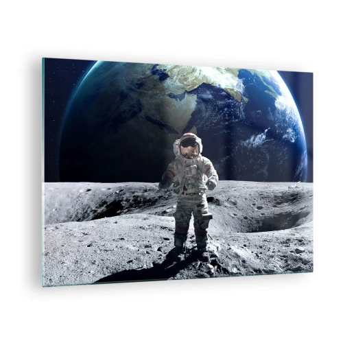 Impression sur verre - Image sur verre - Astronaute à la surface de la Lune avec la Terre en arrière-plan - 70x50cm - Salutations de la lune - Décoration murale moderne pour le salon et la chambre ARTTOR