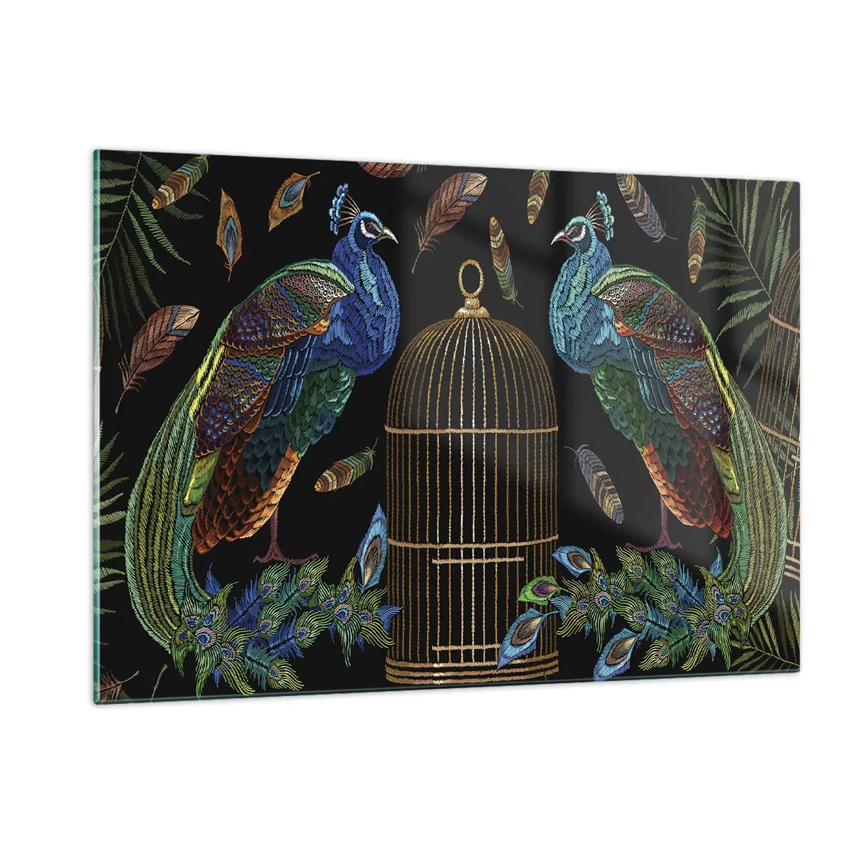 Impression sur verre - Image sur verre - Paons colorés et une cage sur fond noir - 120x80cm - En robes royales - Décoration murale moderne pour le salon et la chambre ARTTOR