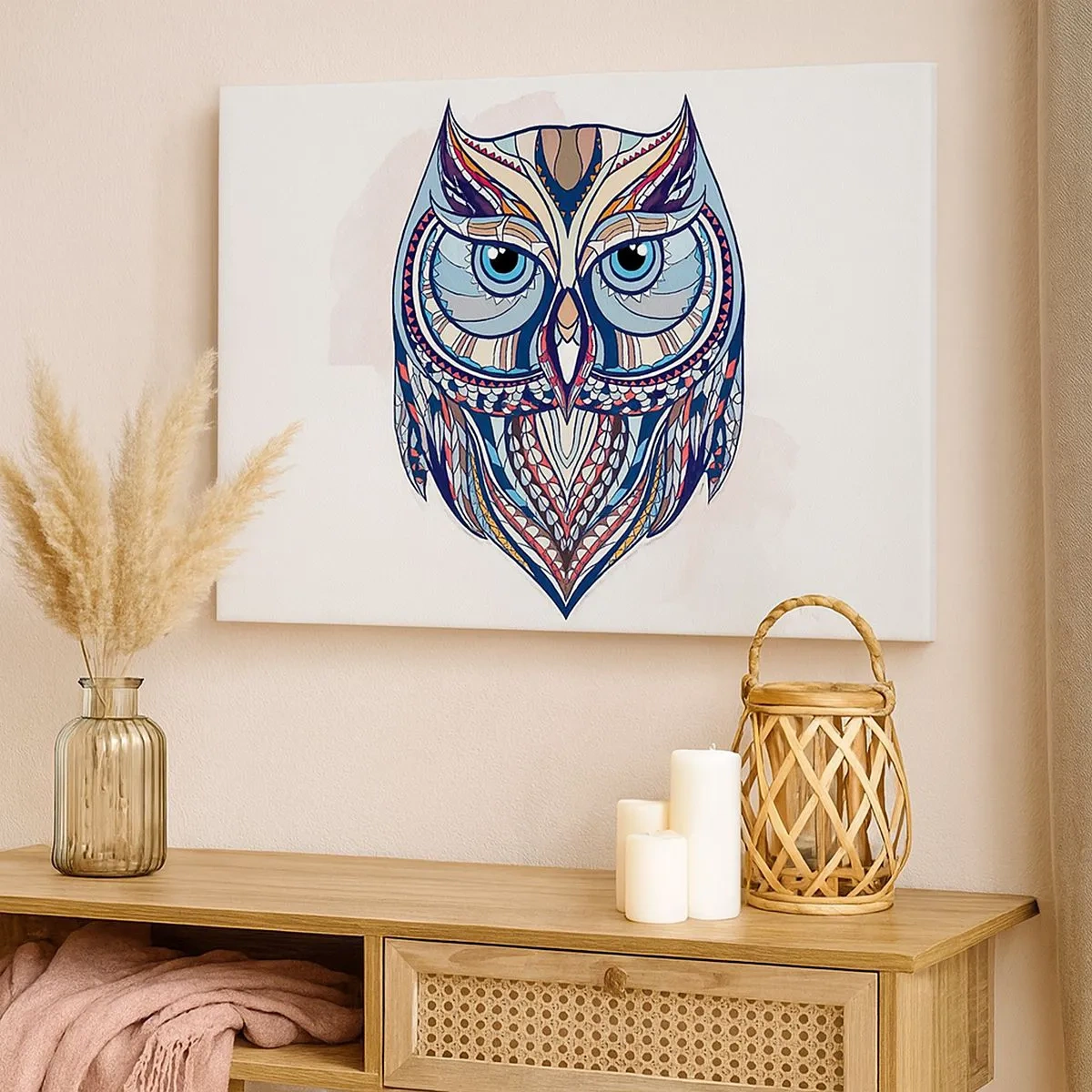 Impression sur toile - Image sur toile - Chouette géométrique dans les tons bleu et beige - 70x50cm - Chouette ornementale élaborée - Décoration murale moderne pour le salon et la chambre ARTTOR