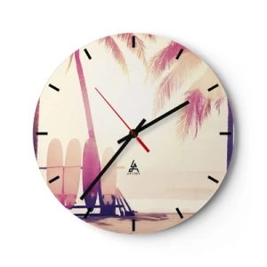 Horloge murale - Pendule murale - Planches de surf et palmiers sur la plage à l'aube - 30x30cm - Ca va être une journée magnifique - Décoration murale moderne pour le salon, la cuisine et la chambre ARTTOR