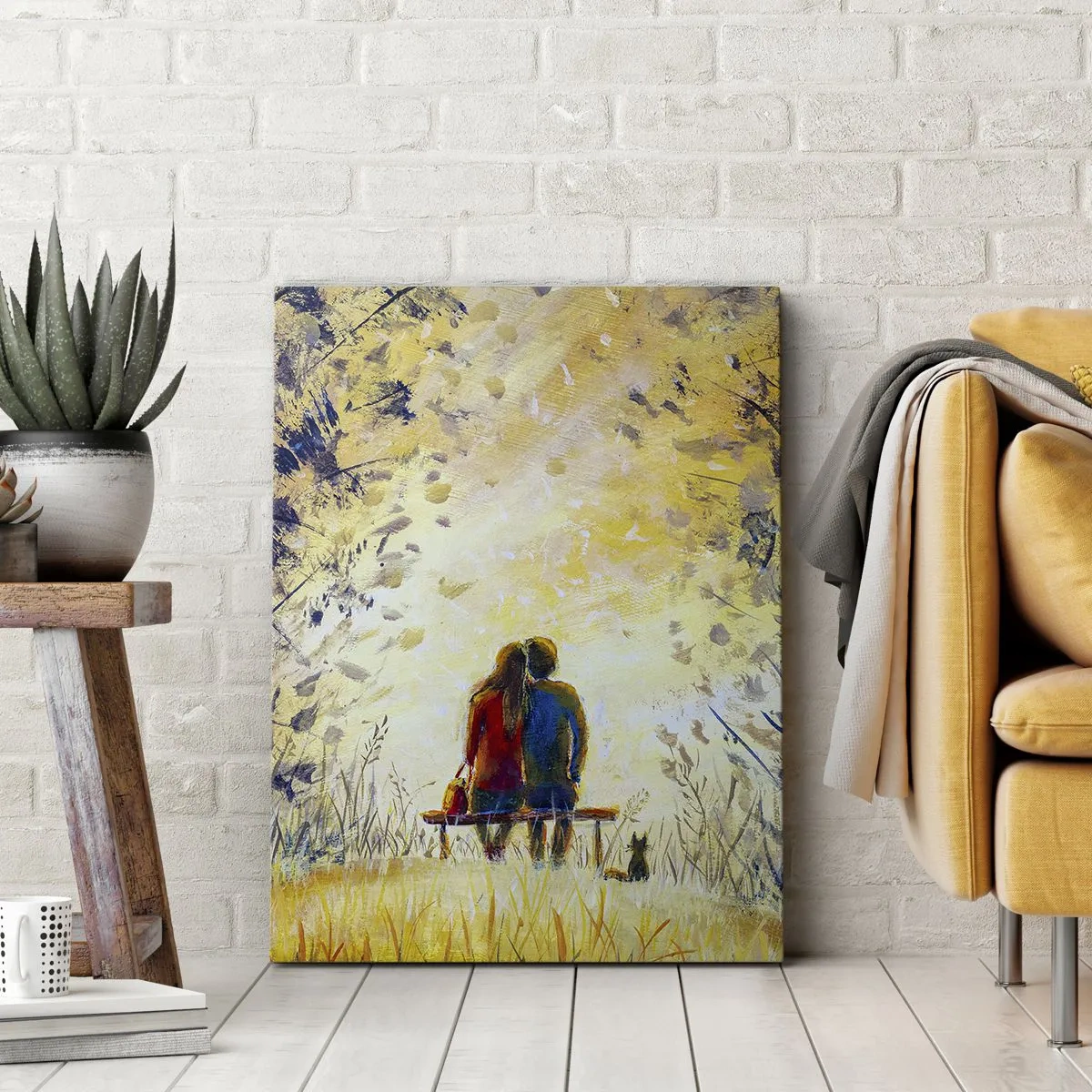 Impression sur toile - Image sur toile - Un couple assis sur un banc parmi les arbres d'automne au soleil - 70x100cm - Moment magique - Décoration murale moderne pour le salon et la chambre ARTTOR