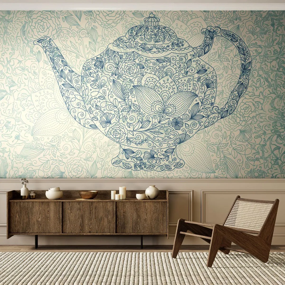 Papier Peint Photo Premium Sand - Théière décorative de style linéaire floral - 100x70cm - Le charme du thé - Décoration murale moderne pour le salon et la chambre ARTTOR