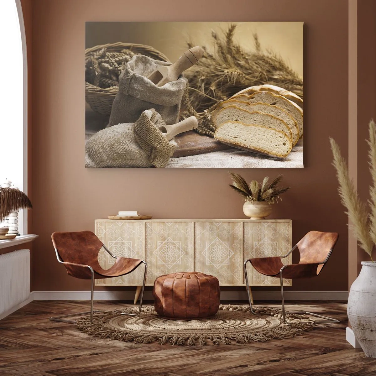 Impression sur toile - Image sur toile - Un paysage avec du pain, de la farine et des épis de blé dans un style rustique. - 120x80cm - Comment il coupe avec un couteau - Décoration murale moderne pour le salon et la chambre ARTTOR