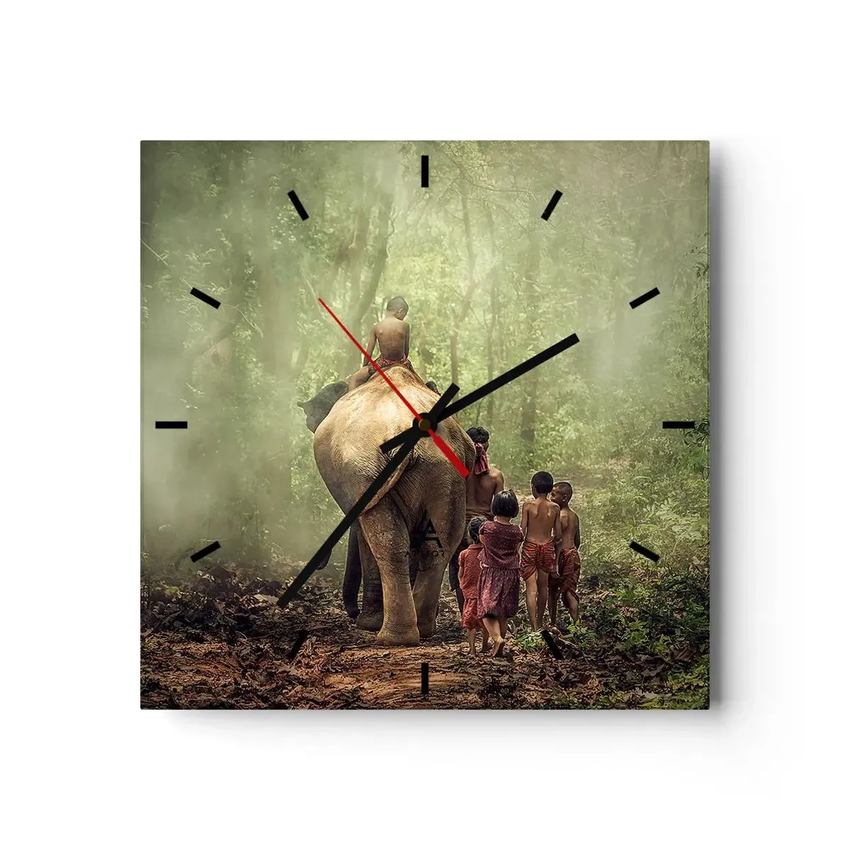 Horloge murale - Pendule murale - Enfants avec un éléphant dans une forêt verte à la lumière du matin - 30x30cm - Nouveau livre de la jungle - Décoration murale moderne pour le salon et la chambre ARTTOR
