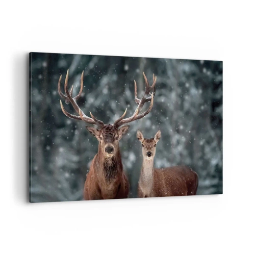 Impression sur toile - Image sur toile - Cerf dans une forêt d'hiver enneigée - 120x80cm - Le roi de la forêt avec sa femme - Décoration murale moderne pour le salon et la chambre ARTTOR