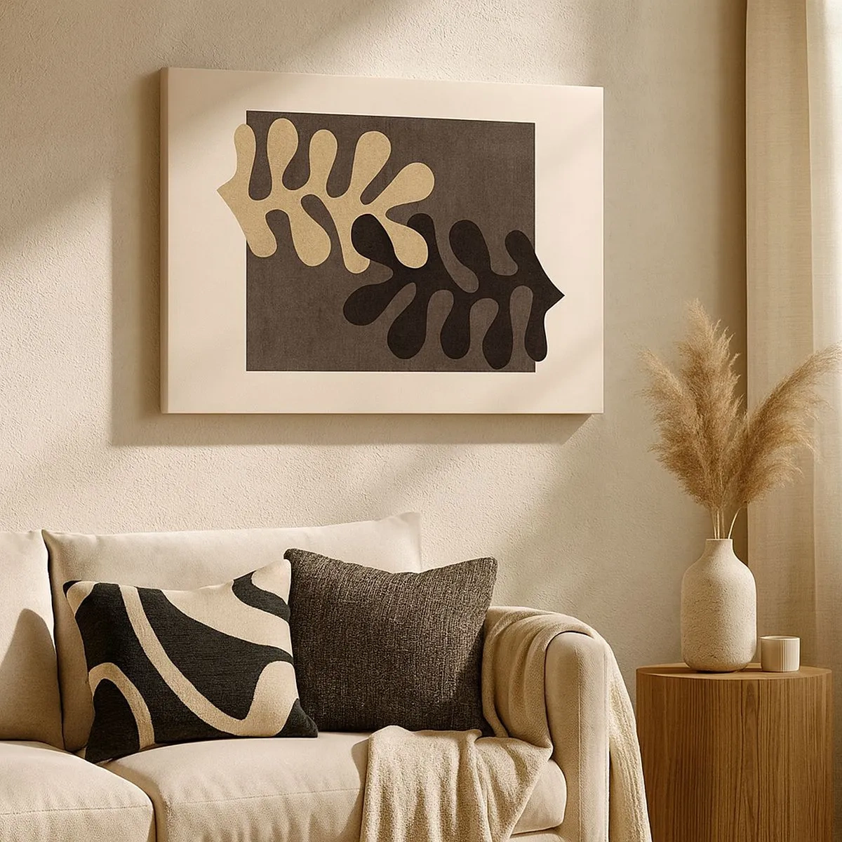 Impression sur toile - Image sur toile - Feuilles abstraites en noir et beige sur un fond rectangulaire - 70x50cm - Absence et complément - Décoration murale moderne pour le salon et la chambre ARTTOR