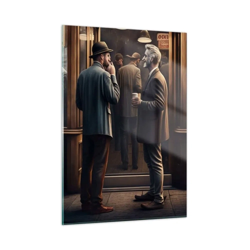 Impression sur verre - Image sur verre - Hommes discutant devant un café dans un décor urbain rétro - 50x70cm - Bon moment de la journée - Décoration murale moderne pour le salon et la chambre ARTTOR