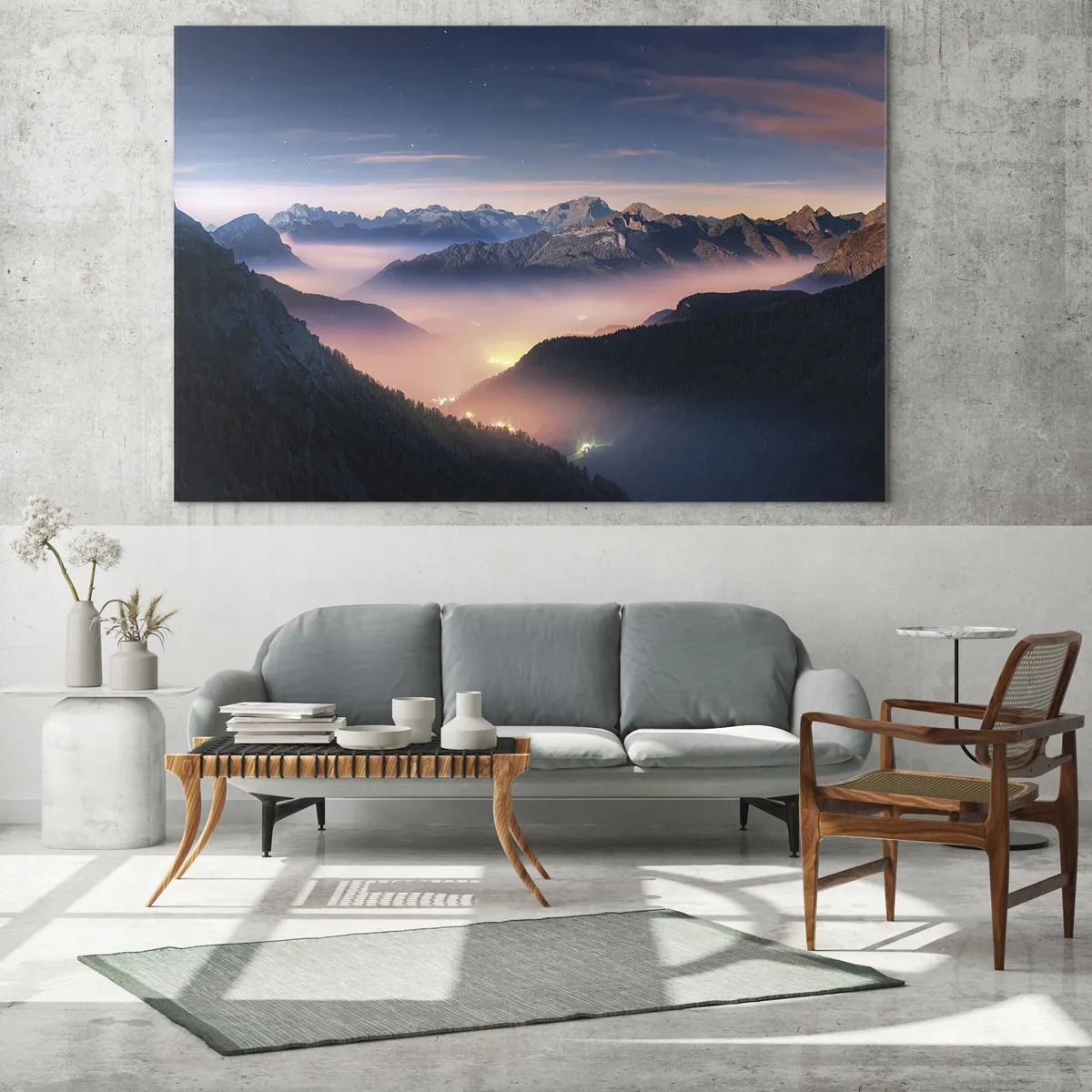 Impression sur verre - Image sur verre - Un paysage de montagne avec une vallée remplie de brouillard - 140x50cm - Lumière dans les vallées - Décoration murale moderne pour le salon et la chambre ARTTOR