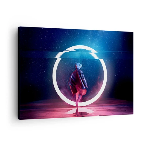 Impression sur toile - Image sur toile - Un personnage dans un environnement futuriste avec un cercle de néon - 70x50cm - Entre deux mondes - Décoration murale moderne pour le salon et la chambre ARTTOR