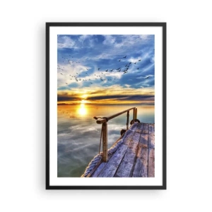 Affiche dans un cadre noir - Poster - Jetée en bois sur le lac au coucher du soleil - 50x70cm - Le vent se repose - Décoration murale moderne pour le salon et la chambre ARTTOR