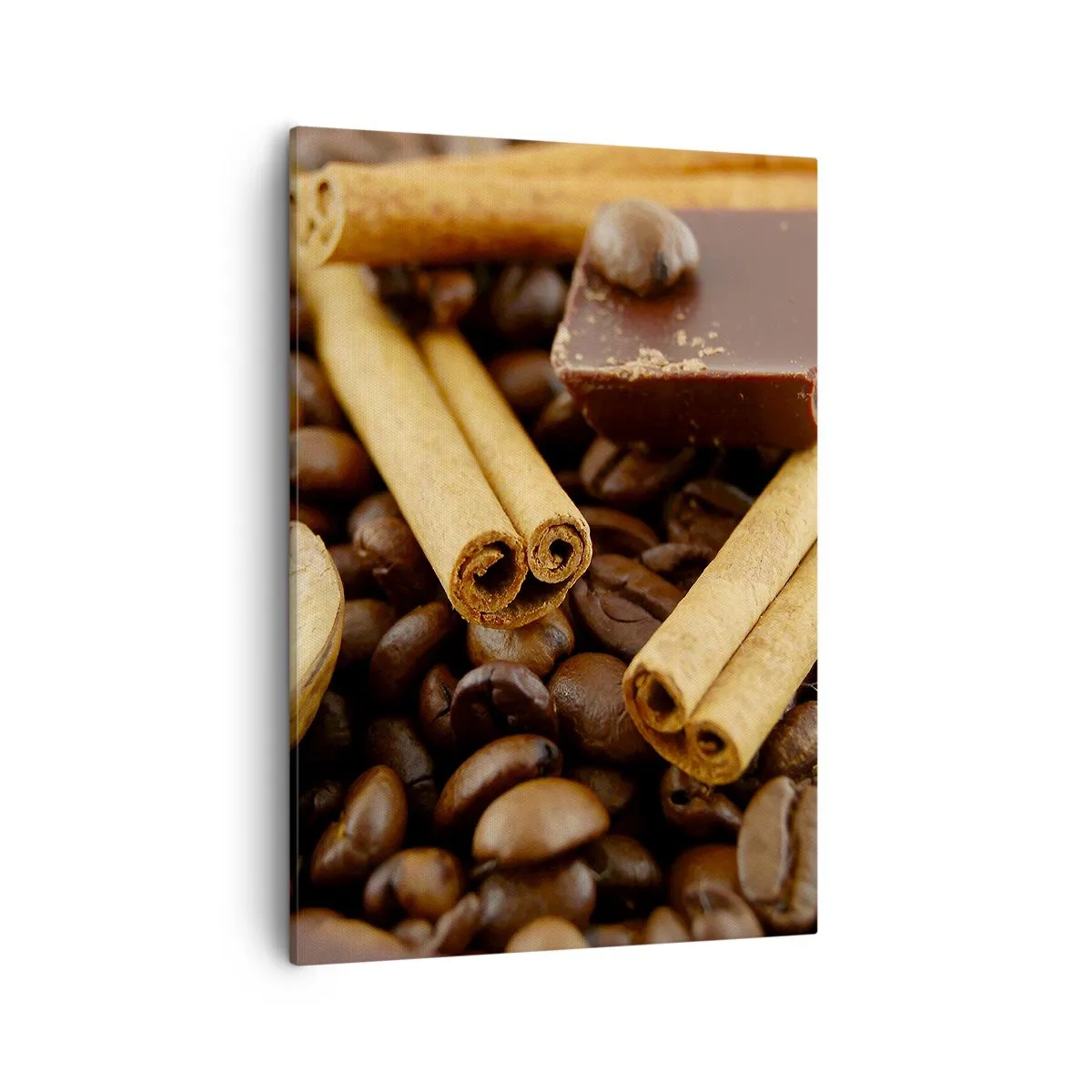 Impression sur toile - Image sur toile - Grains de café avec bâtons de cannelle, chocolat et noix. - 50x70cm - Concert d'aromates - Décoration murale moderne pour le salon et la chambre ARTTOR