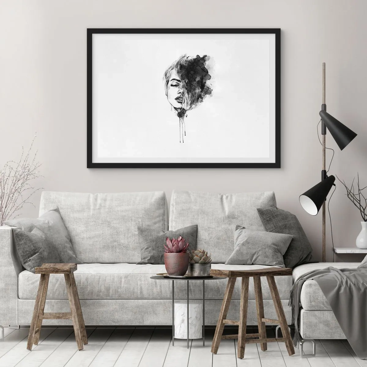 Affiche dans un cadre noir - Poster - Portrait artistique d'une femme en technique d'aquarelle avec des détails abstraits - 100x70cm - De quoi rêve la fille - Décoration murale moderne pour le salon et la chambre ARTTOR