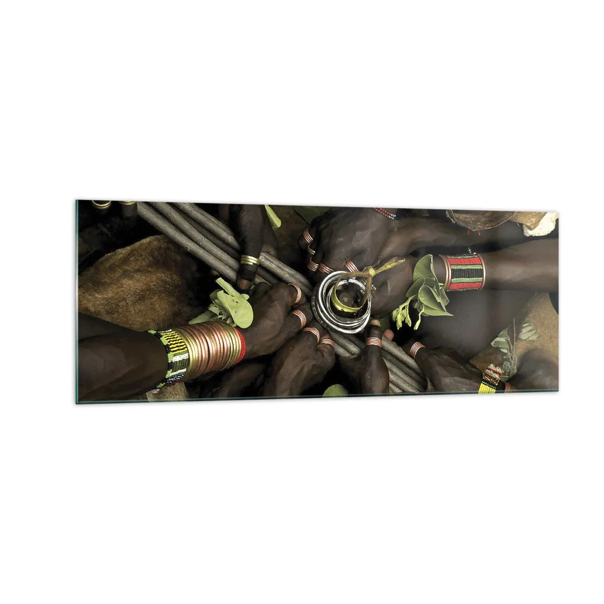 Impression sur verre - Image sur verre - Bracelets de main traditionnels dans un groupe de mains - 140x50cm - Nous sommes ensemble - Décoration murale moderne pour le salon et la chambre ARTTOR