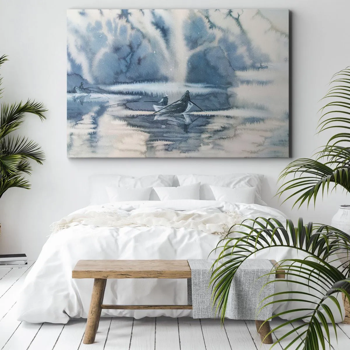 Impression sur toile - Image sur toile - Paysage à l'aquarelle avec des bateaux sur un lac entouré d'une forêt brumeuse - 70x50cm - Les pêcheurs dans leur paradis - Décoration murale moderne pour le salon et la chambre ARTTOR