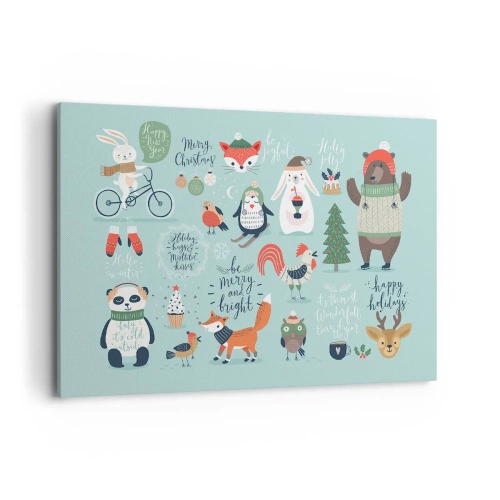 Impression sur toile - Image sur toile - Illustration de Noël d'animaux dans une ambiance hivernale - 120x80cm - Que ce soit toujours Noël ! - Décoration murale moderne pour le salon et la chambre ARTTOR