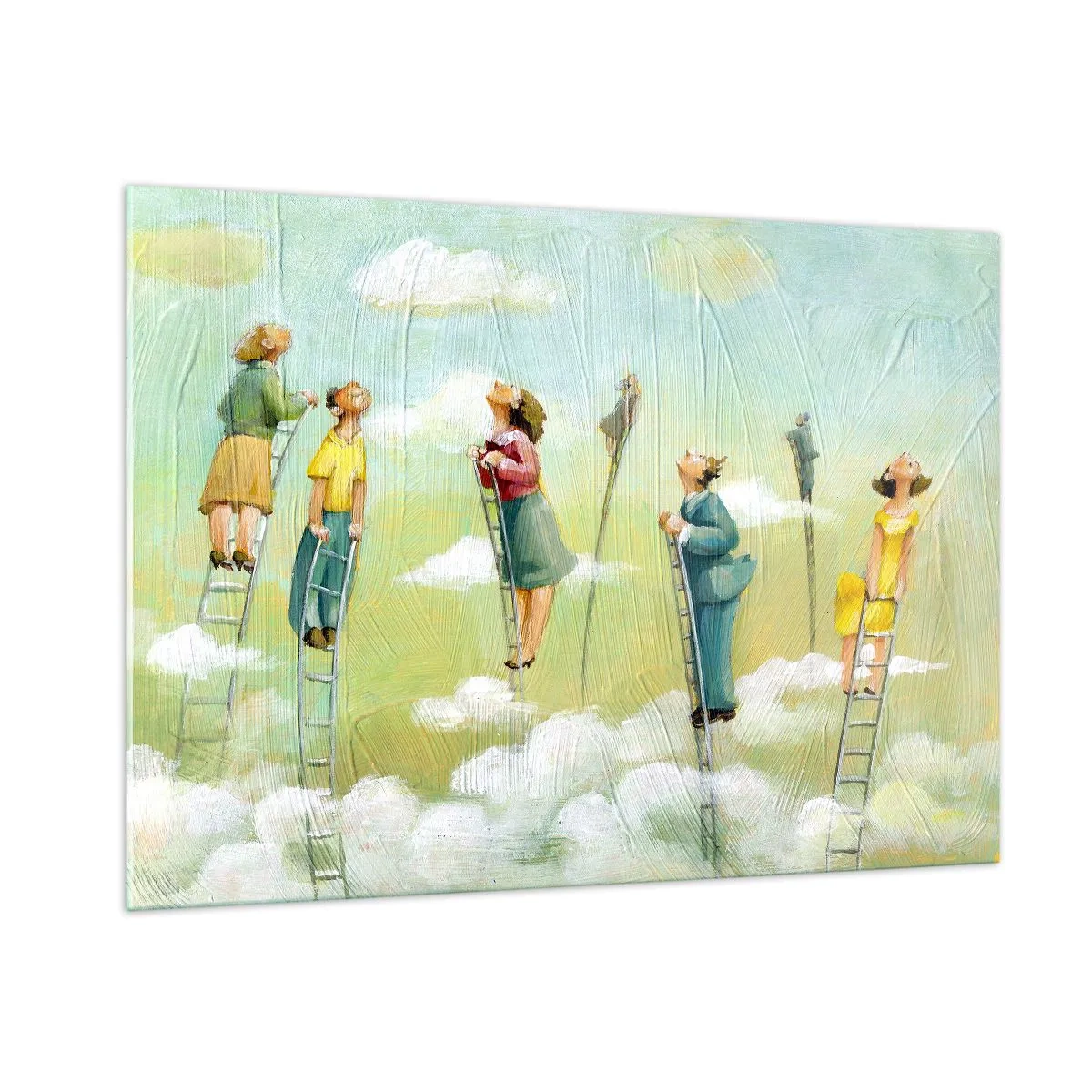 Impression sur verre - Image sur verre - Des personnages grimpant aux échelles parmi les nuages - 100x70cm - Derrière ton rêve - Décoration murale moderne pour le salon et la chambre ARTTOR