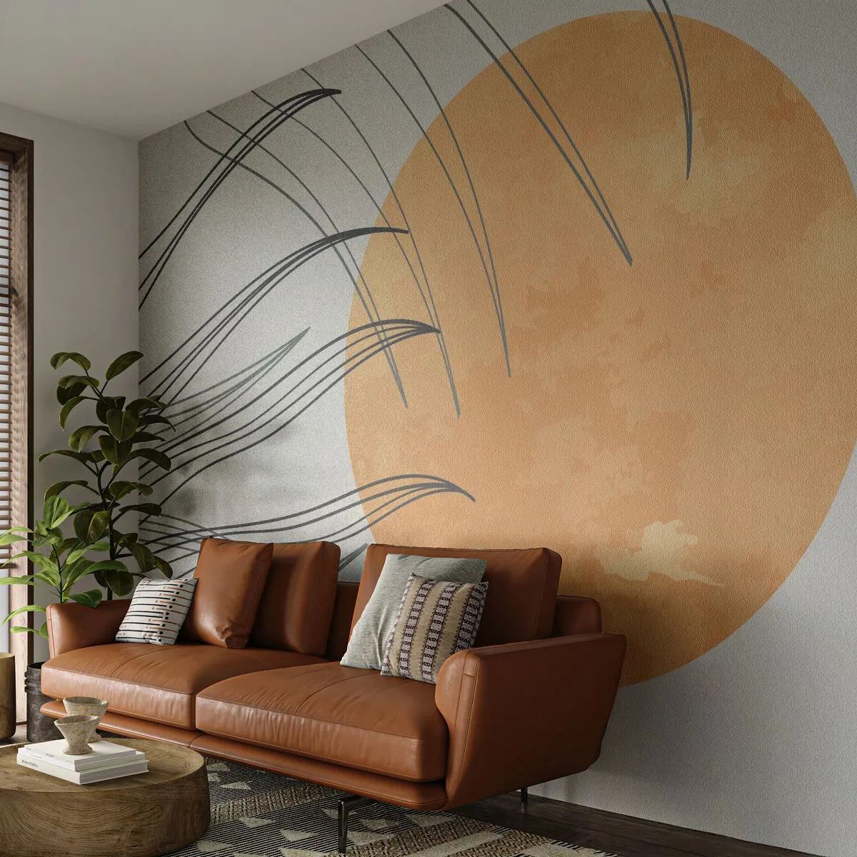 Papier Peint Photo Standard Eco - Un soleil orange avec des lignes ressemblant à de l'herbe dans le vent - 100x70cm - Toujours vers le soleil - Décoration murale moderne pour le salon et la chambre ARTTOR