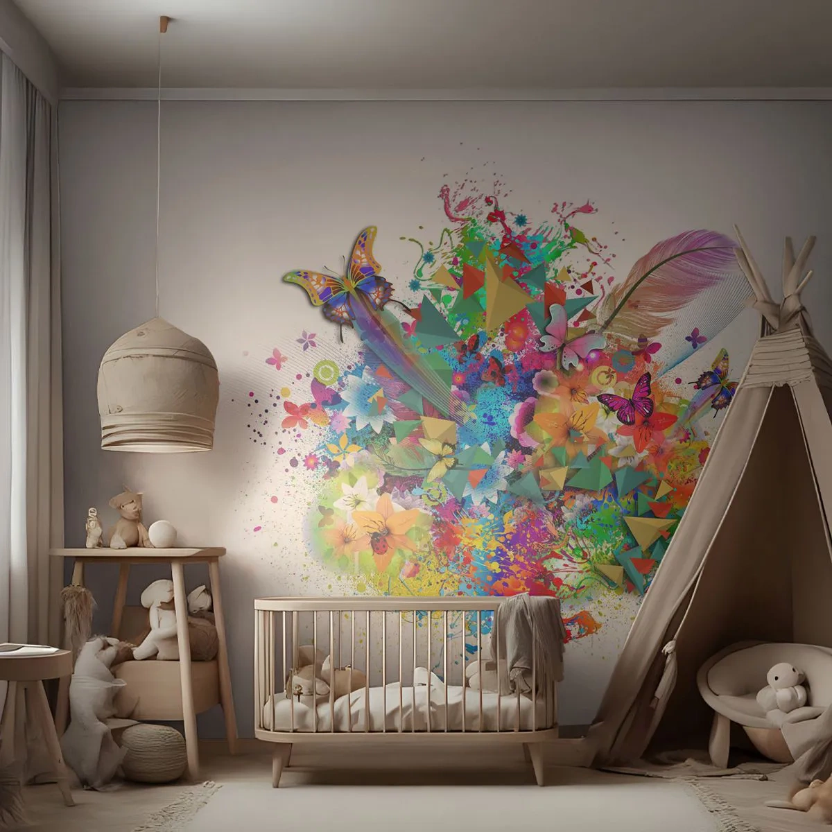 Papier peint sur mesure Standard Eco - Un bouquet de joie - Papillon, Fleur, Graphique