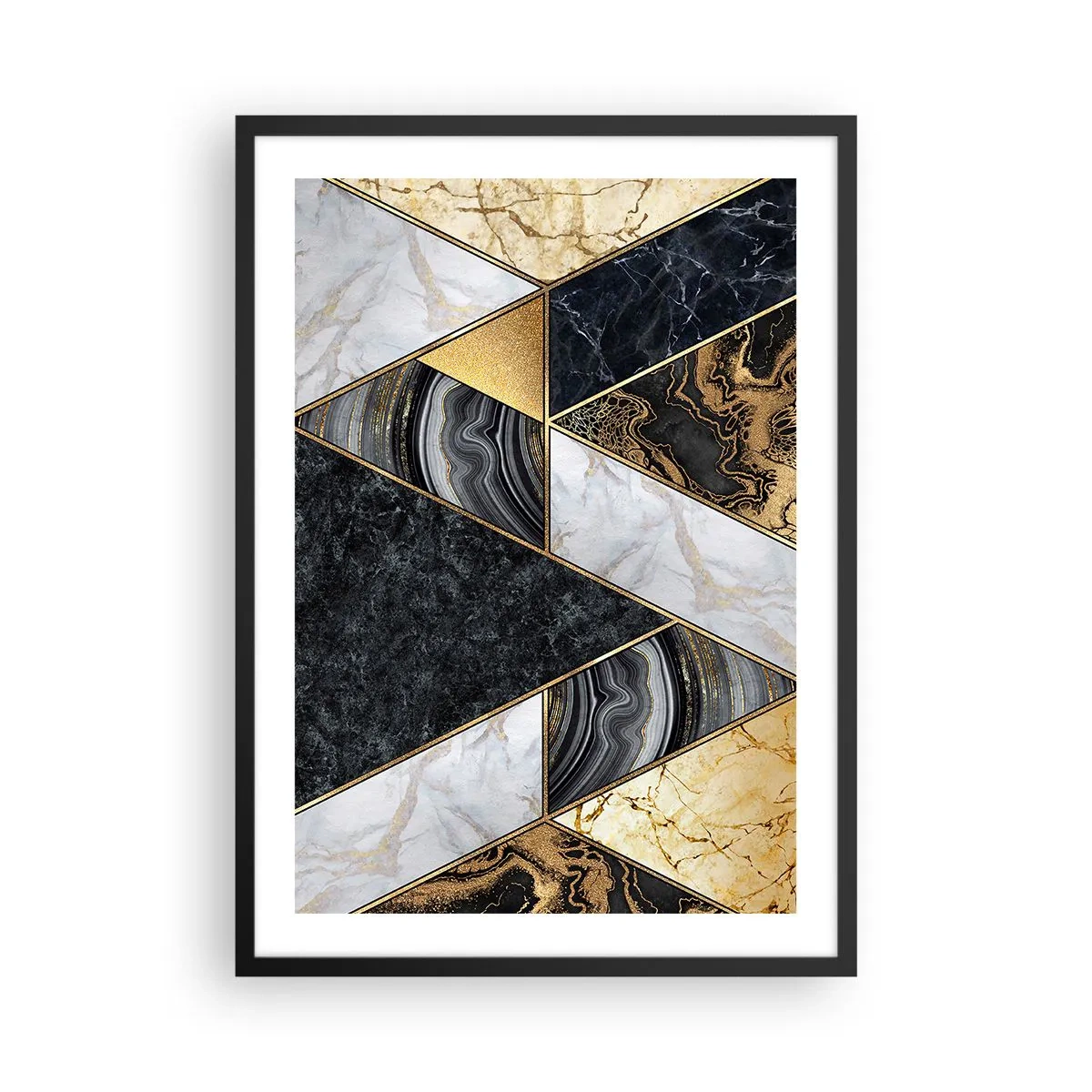 Affiche dans un cadre noir - Poster - Géométrie du marbre dans les tons d'or, de noir et de blanc - 50x70cm - Pierre après pierre - Décoration murale moderne pour le salon et la chambre ARTTOR