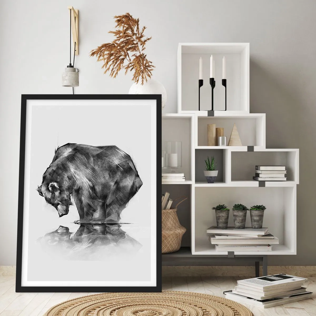 Affiche dans un cadre noir - Poster - Image géométrique d'un ours au bord de l'eau - 50x70cm - Ravi de rencontrer quelqu'un de proche - Décoration murale moderne pour le salon et la chambre ARTTOR