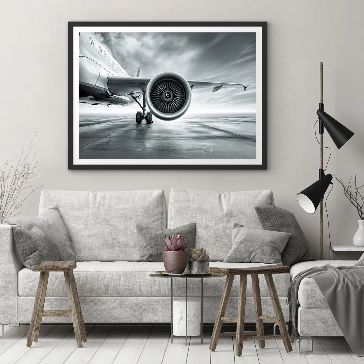 Affiche dans un cadre noir - Poster - Le réacteur d'un avion sur le tarmac - 100x70cm - Sent la force! - Décoration murale moderne pour le salon et la chambre ARTTOR