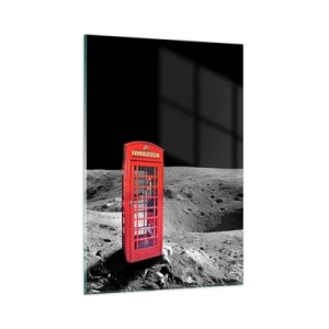 Impression sur verre - Image sur verre - Cabine téléphonique rouge sur la lune - 80x120cm - Une blague cosmique - Décoration murale moderne pour le salon et la chambre ARTTOR
