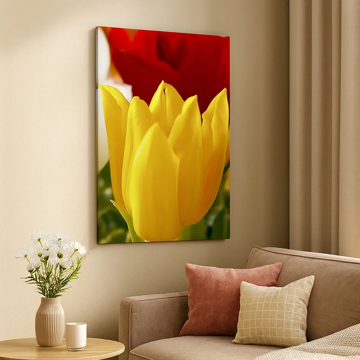 Impression sur toile - Image sur toile - Gros plan de tulipes colorées sur un fond printanier - 50x70cm - La fièvre des tulipes - Décoration murale moderne pour le salon et la chambre ARTTOR