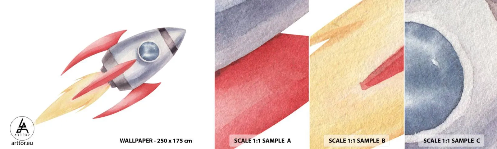 Échantillon De Papier Peint Standard Eco - Plus haut, plus vite, plus loin - Une fusée spatiale, Enfants, Cosmos - 100x30 cm