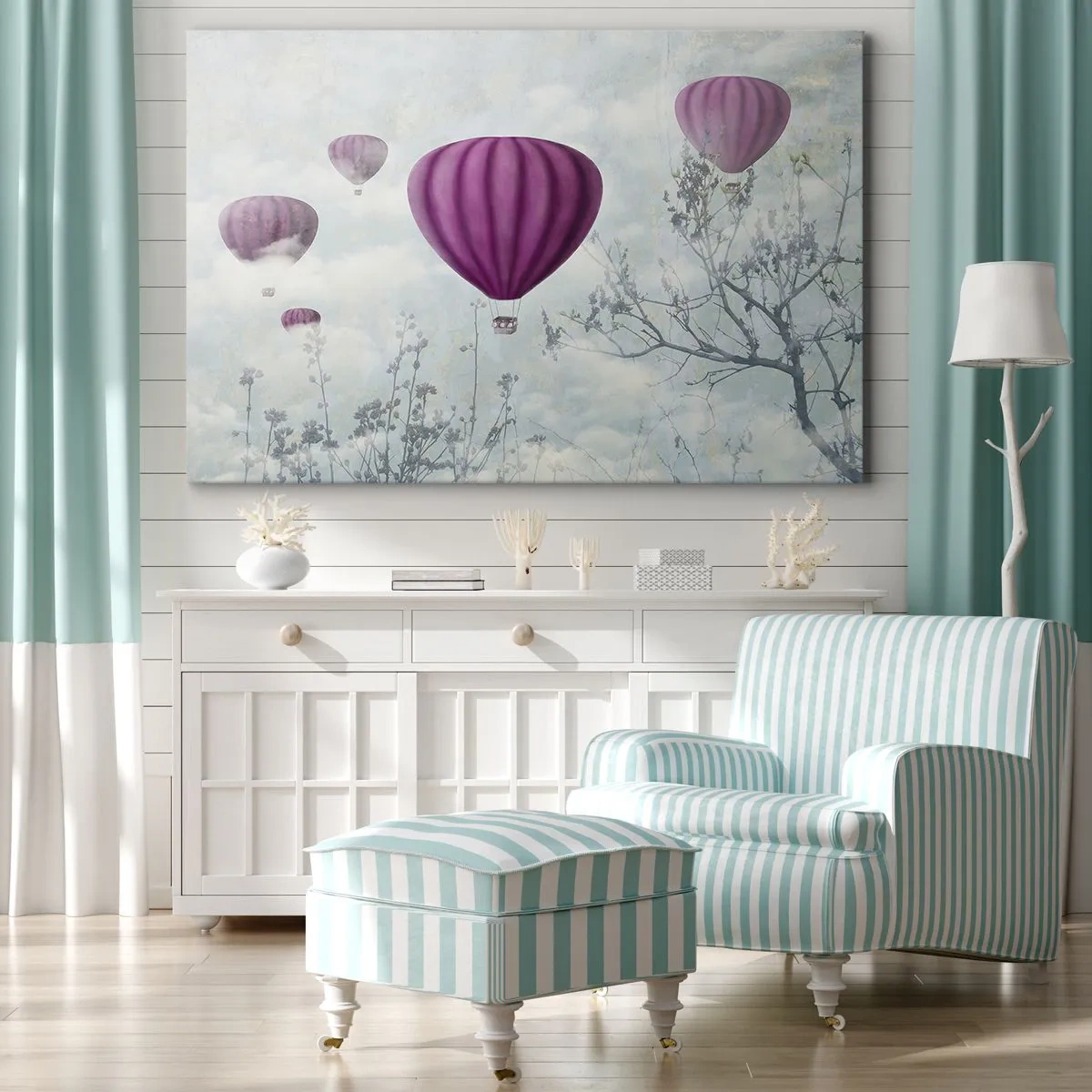 Impression sur toile - Image sur toile - Des ballons violets flottant au-dessus des arbres dans les nuages - 70x50cm - Comme des navires dans le ciel - Décoration murale moderne pour le salon et la chambre ARTTOR