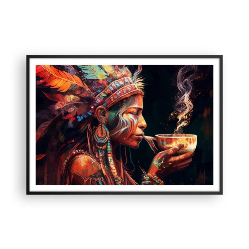 Affiche dans un cadre noir - Poster - Une figure colorée de style ethnique avec une tasse de boisson fumante - 100x70cm - Rituel magique - Décoration murale moderne pour le salon et la chambre ARTTOR