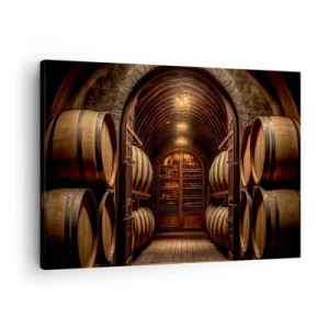 Impression sur toile - Image sur toile - Cave à vin avec tonneaux en bois et étagères à vin - 70x50cm - Cave climatisée - Décoration murale moderne pour le salon et la chambre ARTTOR