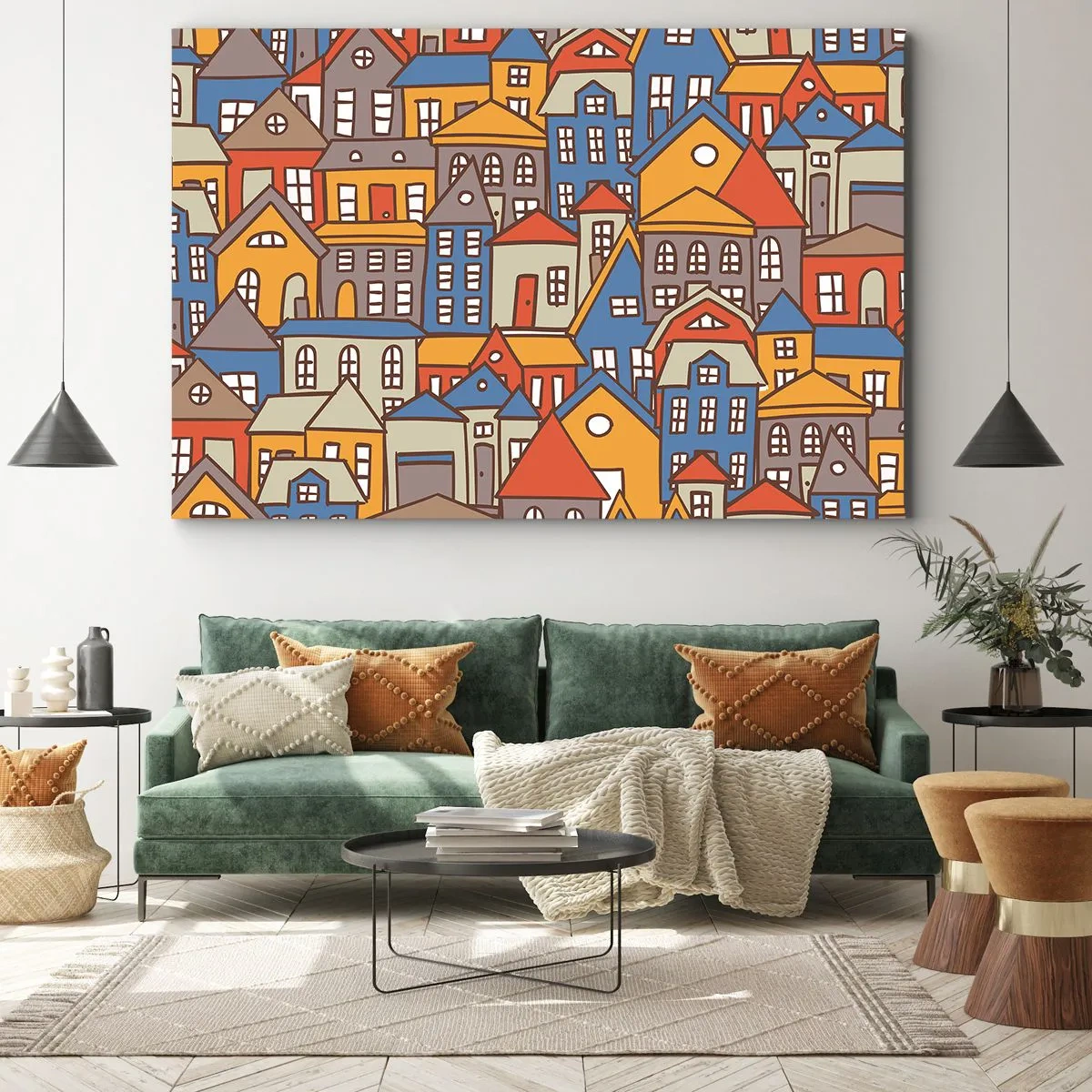 Impression sur toile - Image sur toile - Maisons colorées dans un style graphique sur fond clair - 120x80cm - Derrière la maison, une maison - Décoration murale moderne pour le salon et la chambre ARTTOR