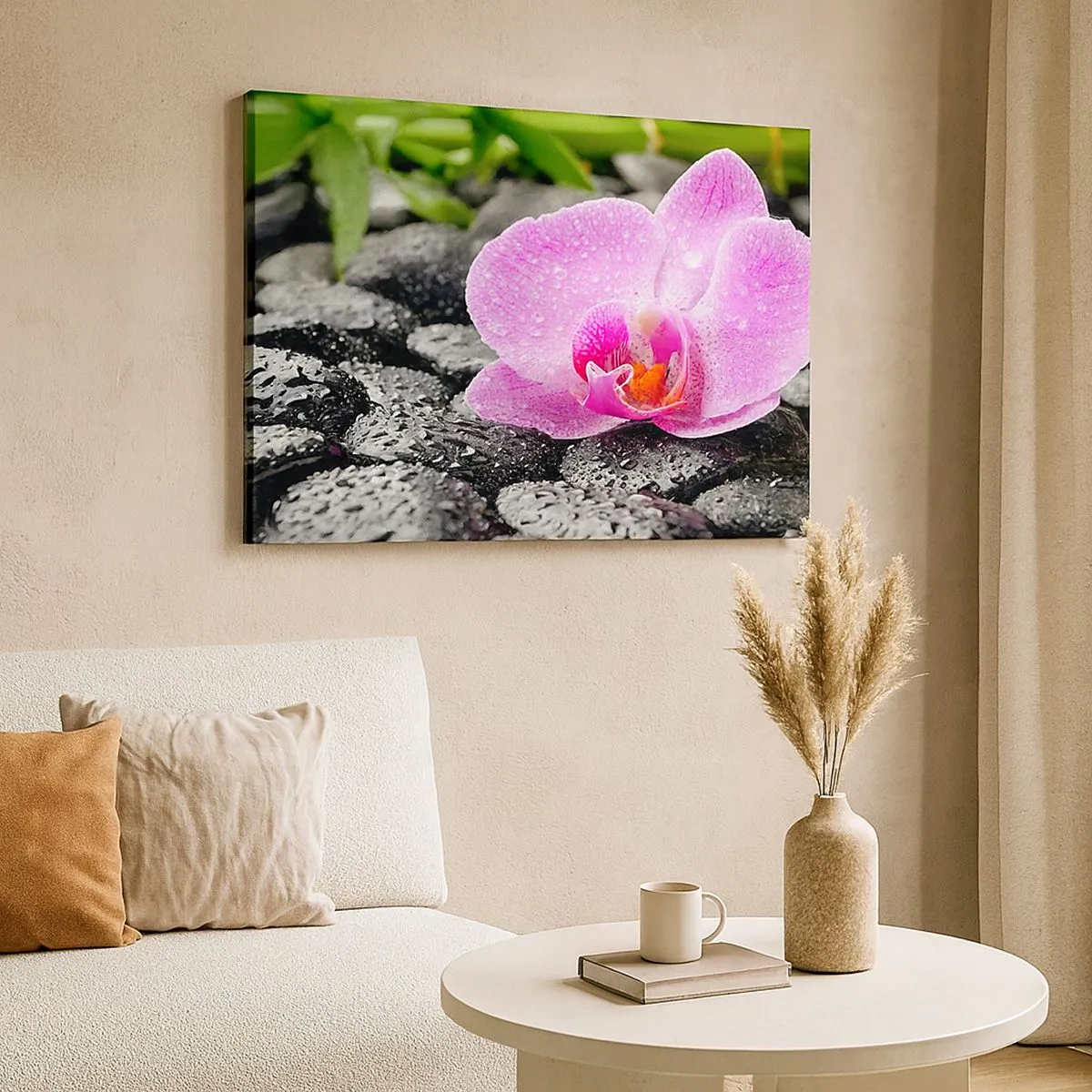Impression sur toile - Image sur toile - Orchidée rose sur des pierres noires humides avec des feuilles vertes - 70x50cm - Comme un coeur ouvert - Décoration murale moderne pour le salon et la chambre ARTTOR