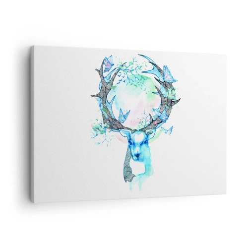 Impression sur toile - Image sur toile - Un graphique de cerf fantaisiste avec un motif de nature et de papillon - 70x50cm - La force et la délicatesse de la nature - Décoration murale moderne pour le salon et la chambre ARTTOR