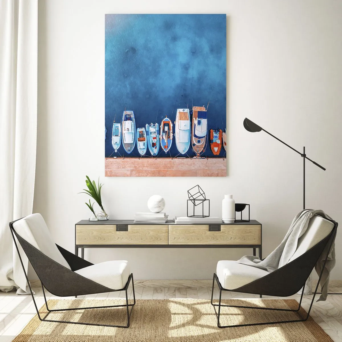 Impression sur verre - Image sur verre - Bateaux amarrés au rivage contre l'eau bleue - 80x120cm - En une seule fois - Décoration murale moderne pour le salon et la chambre ARTTOR