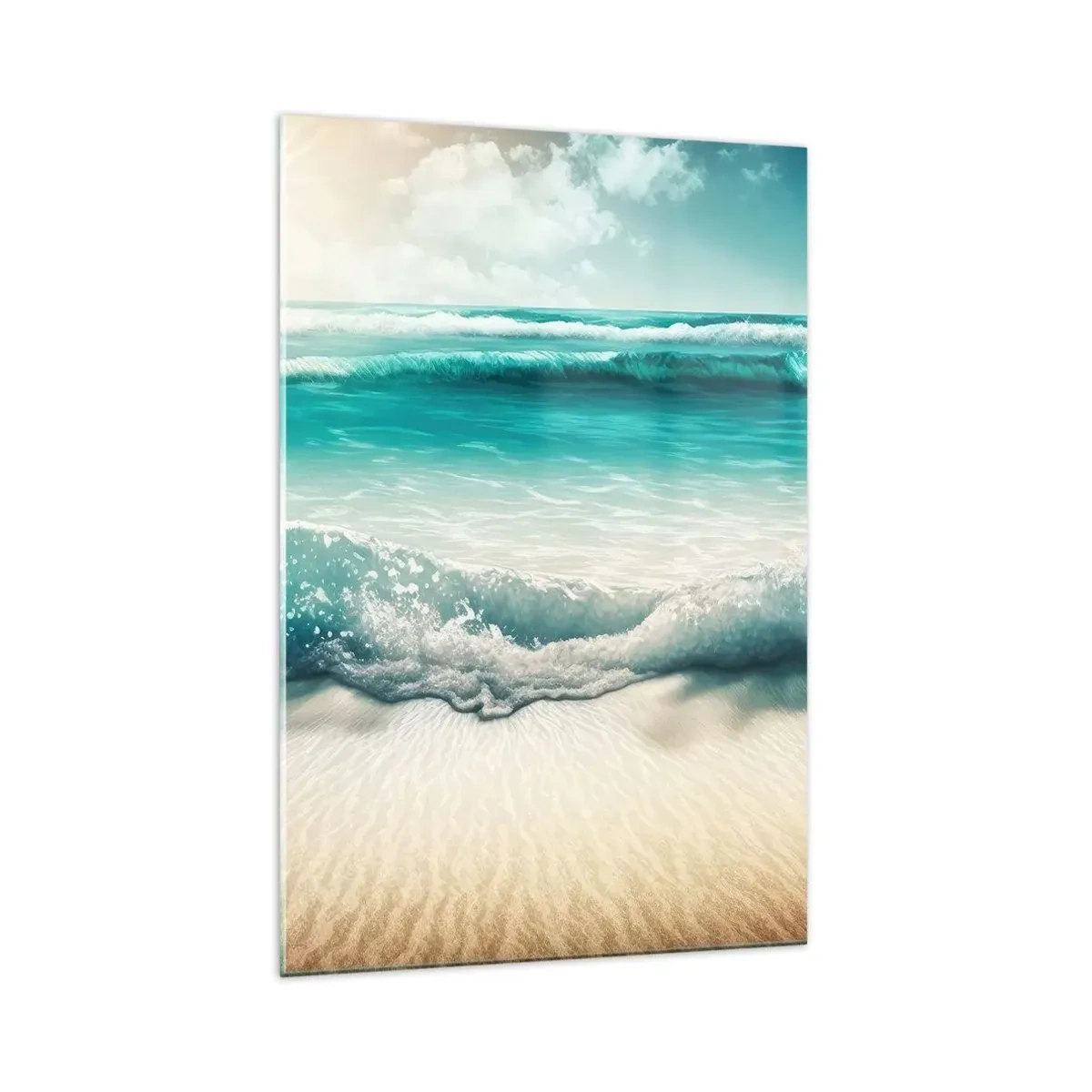 Impression sur verre - Image sur verre - Vagues de l'océan sur une plage de sable clair - 70x100cm - La paix de l'océan - Décoration murale moderne pour le salon et la chambre ARTTOR